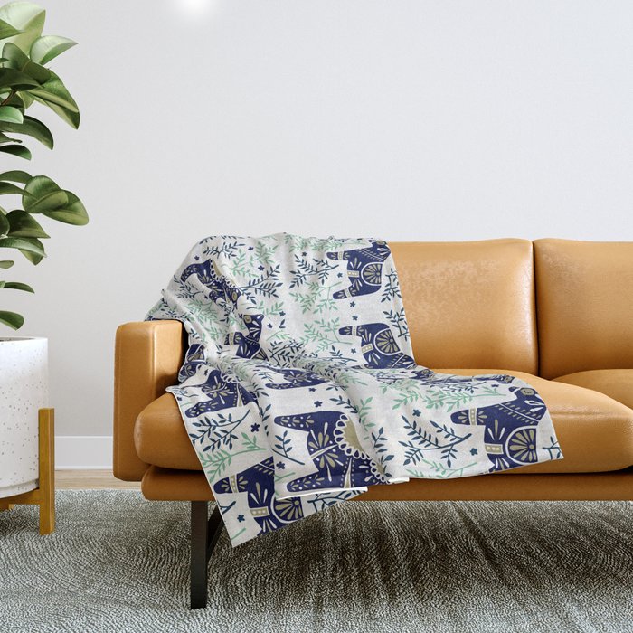 Swedish Dala Horse - Navy & Mint Palette Throw Blanket Gallery Image 1