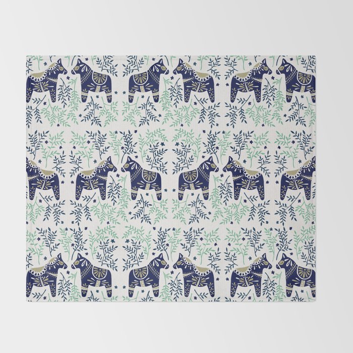Swedish Dala Horse - Navy & Mint Palette Throw Blanket Gallery Image 2