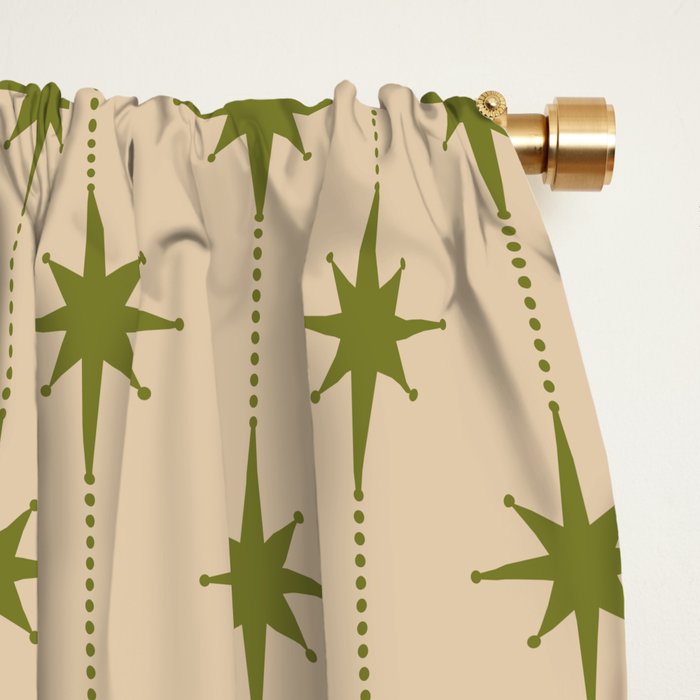 Mid Century Modern Stars and Dots Pattern in Mid Mod Olive Green and Beige Window Curtain Gallery Image 2