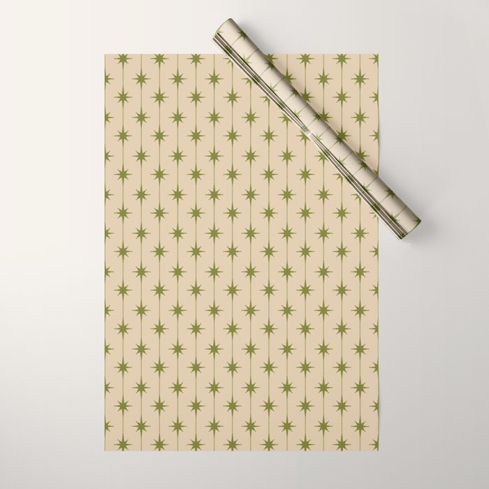 Mid Century Modern Stars and Dots Pattern in Mid Mod Olive Green and Beige Wrapping Paper Gallery Image 1