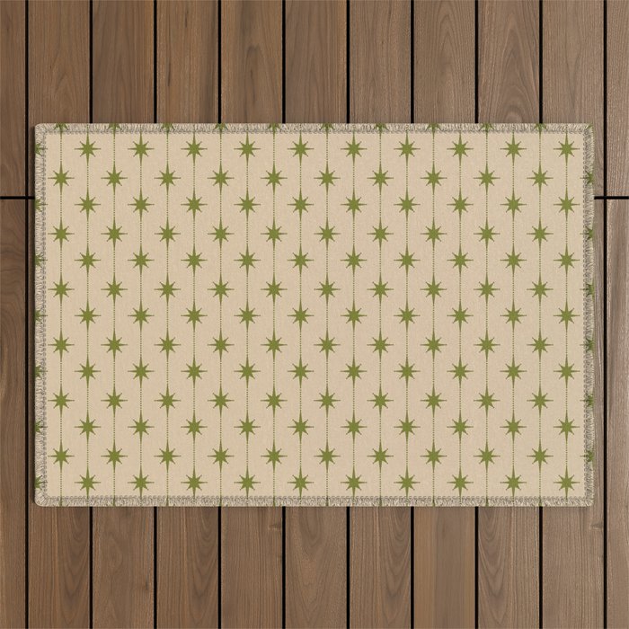 Mid Century Modern Stars and Dots Pattern in Mid Mod Olive Green and Beige Outdoor Rug Gallery Image 1