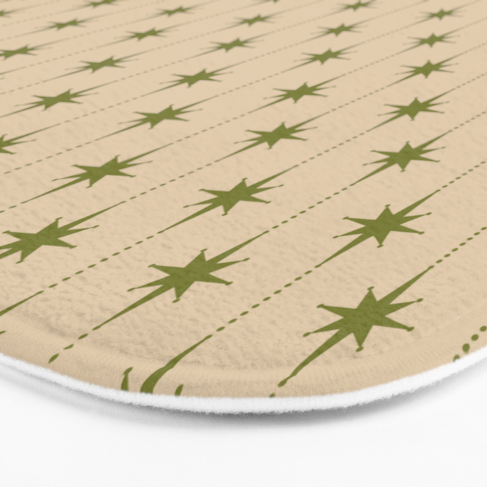 Mid Century Modern Stars and Dots Pattern in Mid Mod Olive Green and Beige Bath Mat Gallery Image 3