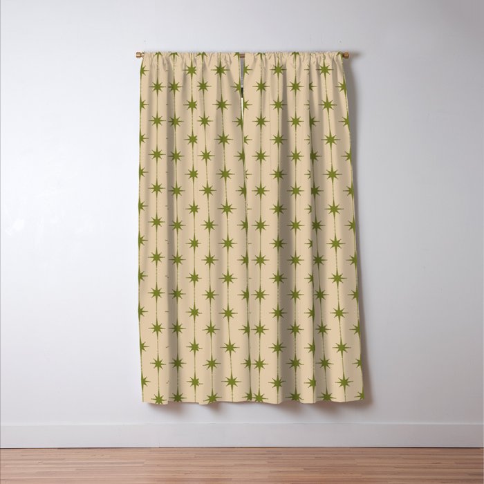 Mid Century Modern Stars and Dots Pattern in Mid Mod Olive Green and Beige Window Curtain Gallery Image 3