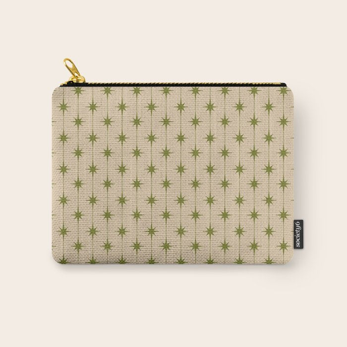 Mid Century Modern Stars and Dots Pattern in Mid Mod Olive Green and Beige Carry All Pouch Gallery Image 1