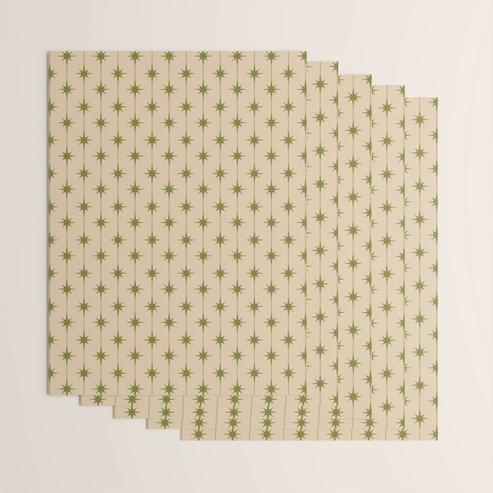 Mid Century Modern Stars and Dots Pattern in Mid Mod Olive Green and Beige Wrapping Paper Gallery Image 3