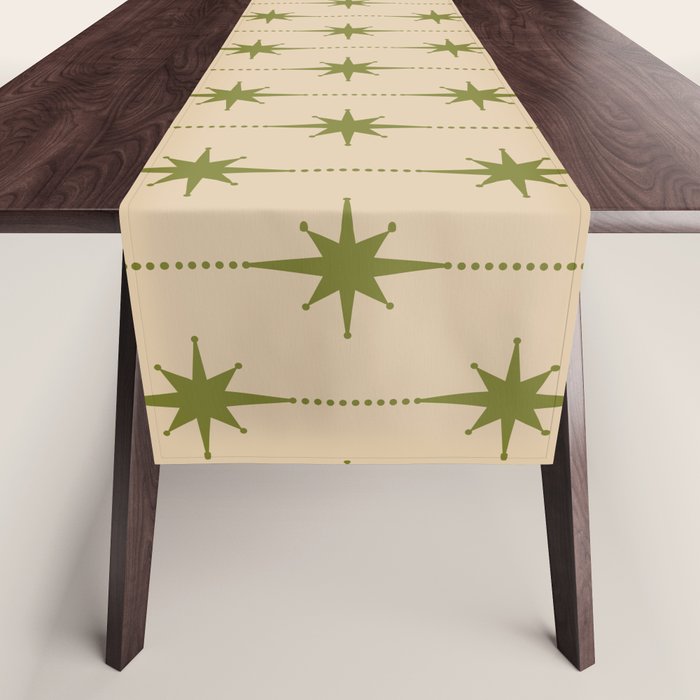 Mid Century Modern Stars and Dots Pattern in Mid Mod Olive Green and Beige Table Runner Gallery Image 1