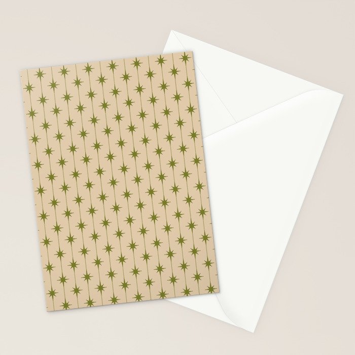 Mid Century Modern Stars and Dots Pattern in Mid Mod Olive Green and Beige Stationery Card Gallery Image 2