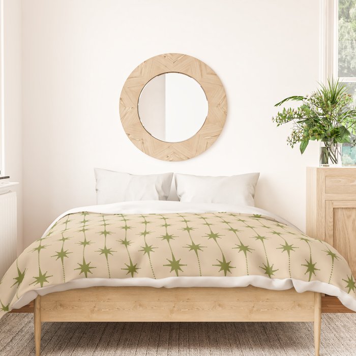 Mid Century Modern Stars and Dots Pattern in Mid Mod Olive Green and Beige Duvet Cover Gallery Image 3