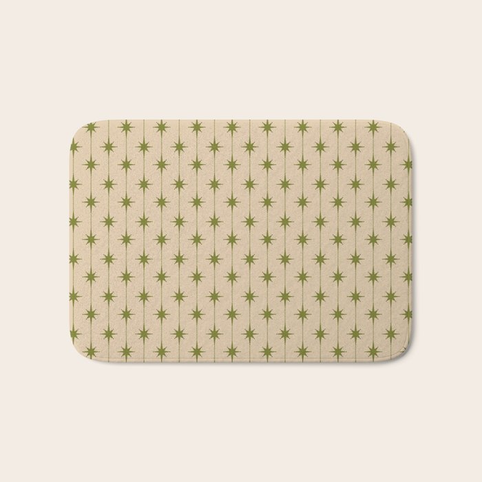 Mid Century Modern Stars and Dots Pattern in Mid Mod Olive Green and Beige Bath Mat Gallery Image 1
