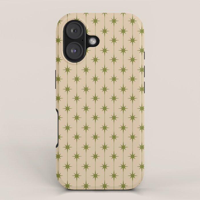 Mid Century Modern Stars and Dots Pattern in Mid Mod Olive Green and Beige iPhone Case Gallery Image 1