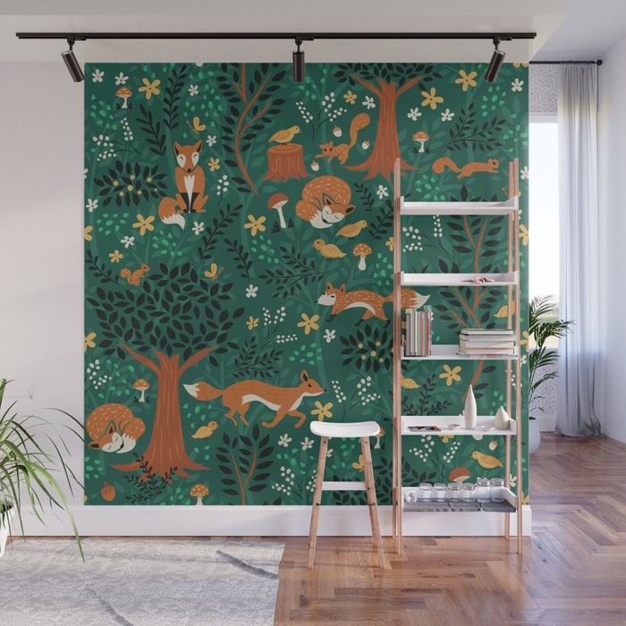 Foxes Playing in the Emerald Forest Wall Mural Gallery Image 1