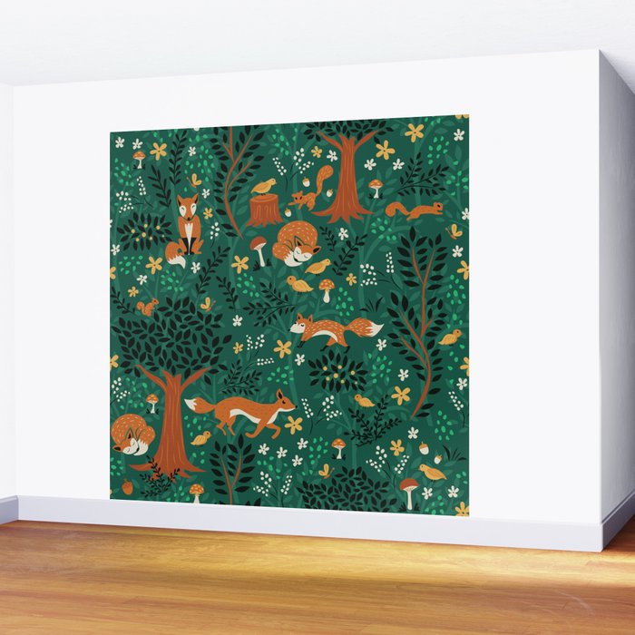 Foxes Playing in the Emerald Forest Wall Mural Gallery Image 2