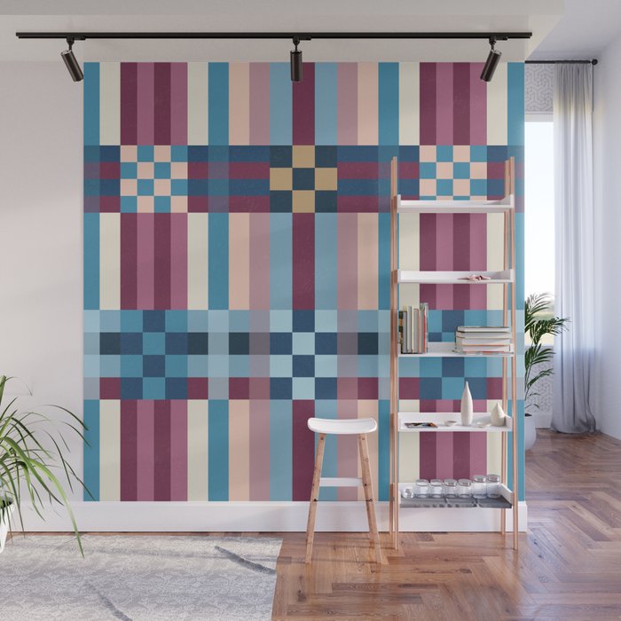 Woven Checks and Stripes Blue Burgundy Wall Mural Gallery Image 1