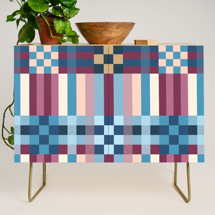 Woven Checks and Stripes Blue Burgundy Credenza Gallery Image 1