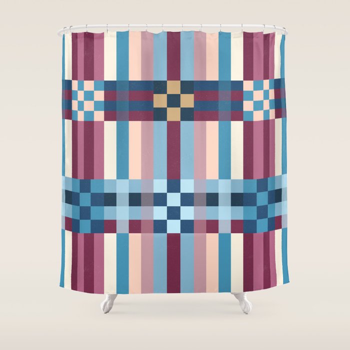 Woven Checks and Stripes Blue Burgundy Shower Curtain Gallery Image 1
