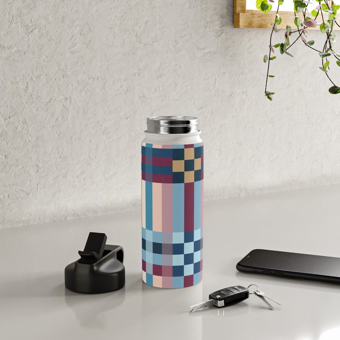 Woven Checks and Stripes Blue Burgundy Water Bottle Gallery Image 4