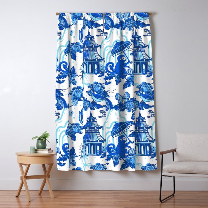 Chinoiserie Monkey Umbrella Pagodas Window Curtain Gallery Image 1