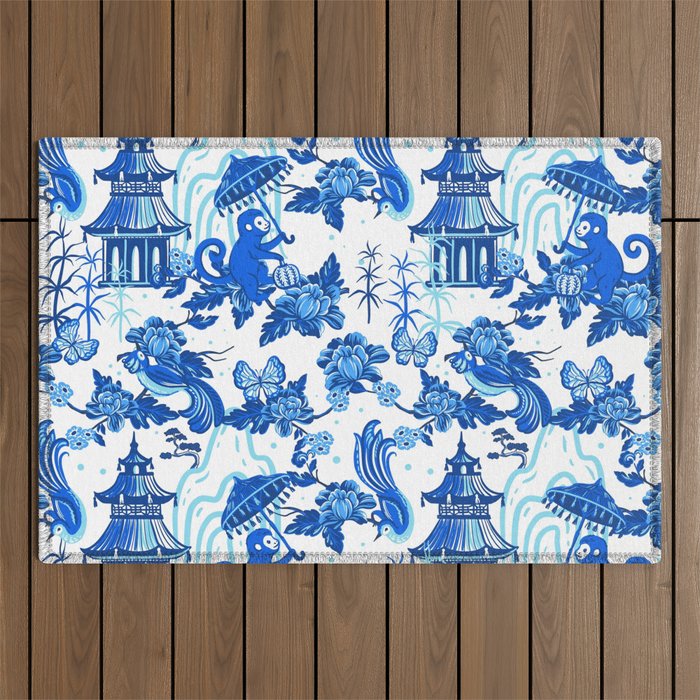 Chinoiserie Monkey Umbrella Pagodas Outdoor Rug Gallery Image 1