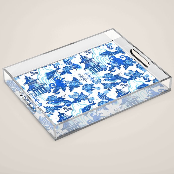 Chinoiserie Monkey Umbrella Pagodas Acrylic Tray Gallery Image 1