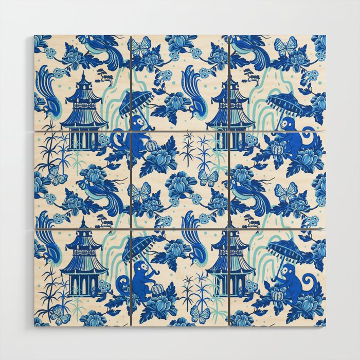 Chinoiserie Monkey Umbrella Pagodas Wood Wall Art Gallery Image 1