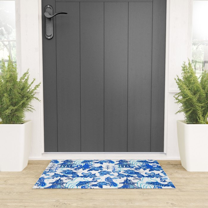 Chinoiserie Monkey Umbrella Pagodas Welcome Mat Gallery Image 3