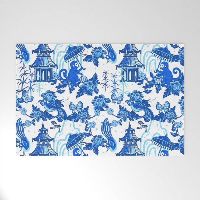 Chinoiserie Monkey Umbrella Pagodas Welcome Mat Gallery Image 1