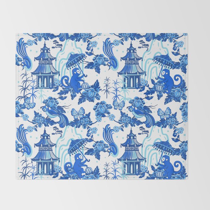 Chinoiserie Monkey Umbrella Pagodas Throw Blanket Gallery Image 2