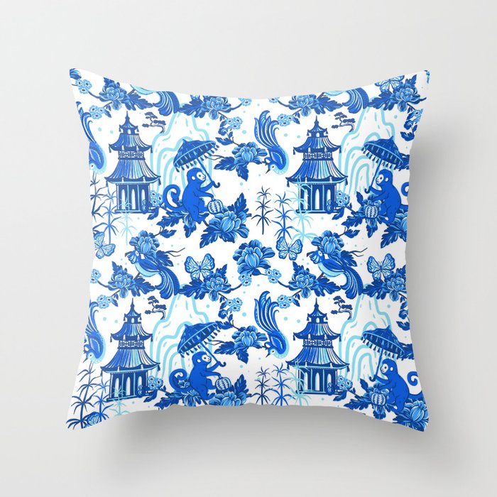 Chinoiserie Monkey Umbrella Pagodas Throw Pillow Gallery Image 6