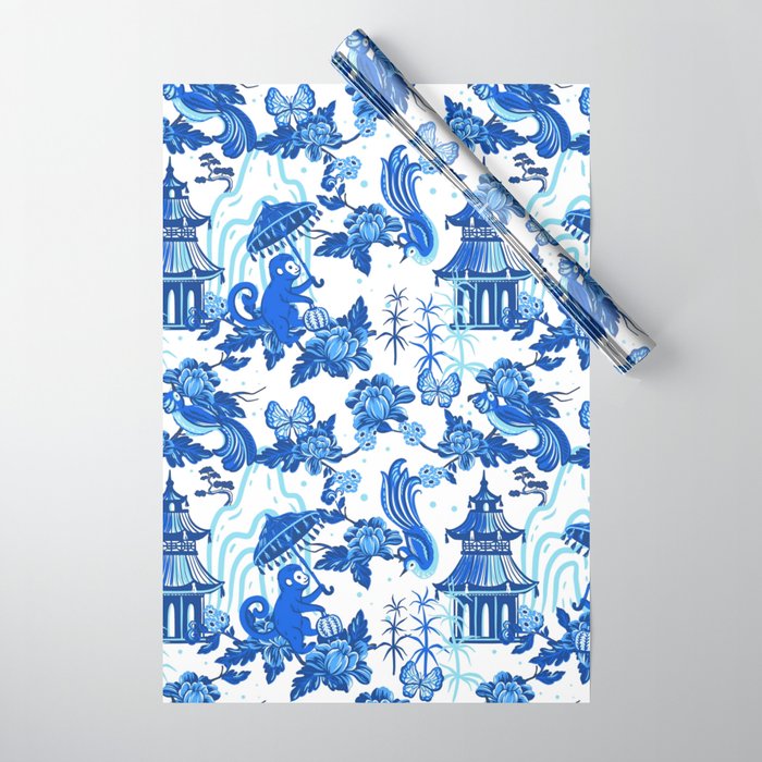 Chinoiserie Monkey Umbrella Pagodas Wrapping Paper Gallery Image 1
