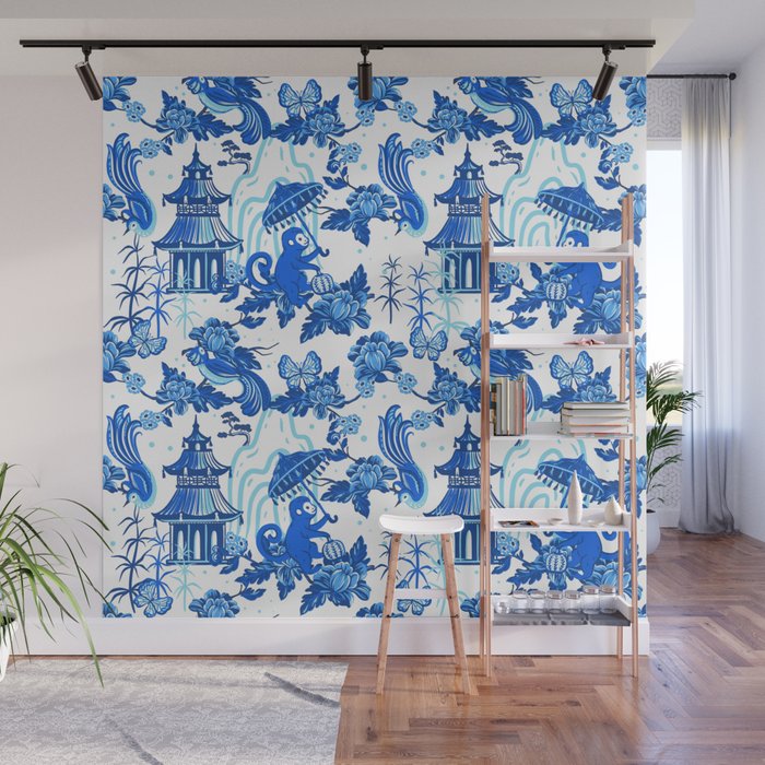 Chinoiserie Monkey Umbrella Pagodas Wall Mural Gallery Image 1