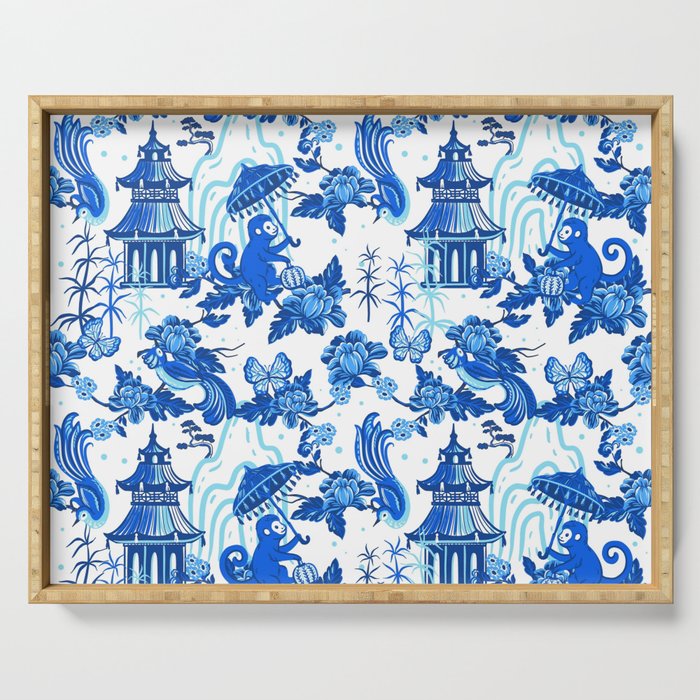 Chinoiserie Monkey Umbrella Pagodas Serving Tray Gallery Image 1