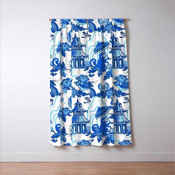Chinoiserie Monkey Umbrella Pagodas Window Curtain Gallery Image 3