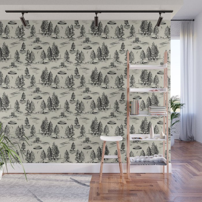 Black Alien Abduction Toile De Jouy Pattern Wall Mural Gallery Image 1