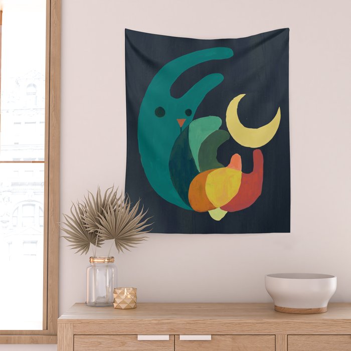 Rabbit and crescent moon Wall Tapestry Gallery Image 2