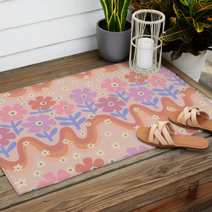 70s Retro Floral vibe Outdoor Rug Gallery Image 2