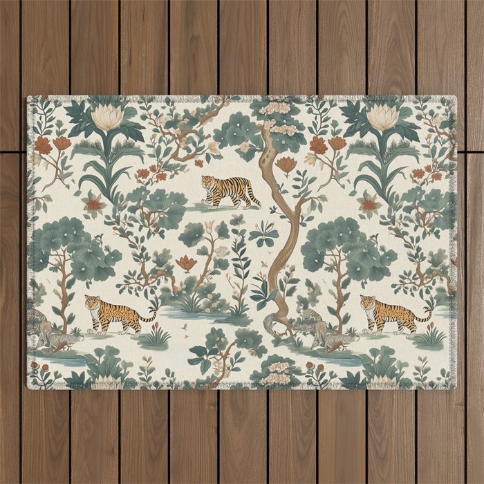 Tigers in Romantic Botanica Outdoor Rug Gallery Image 1