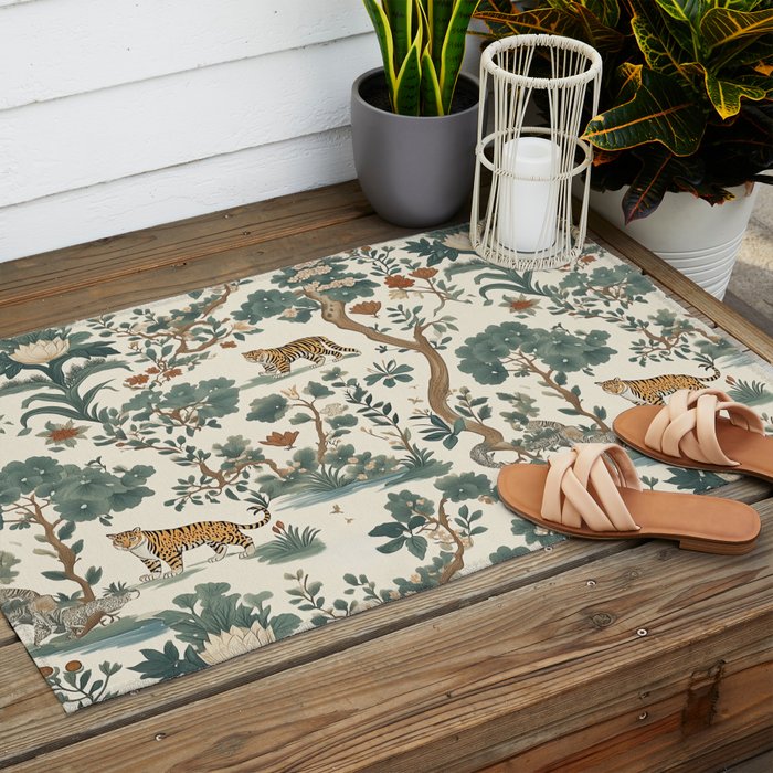 Tigers in Romantic Botanica Outdoor Rug Gallery Image 2