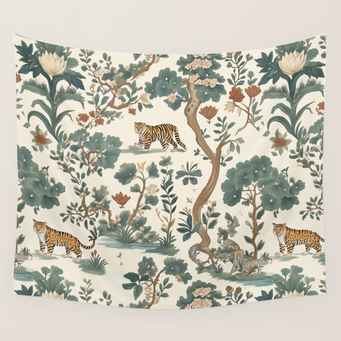 Tigers in Romantic Botanica Wall Tapestry Gallery Image 1