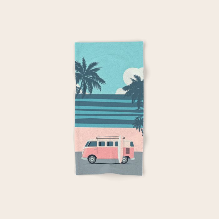 Surfer Graphic Beach Palm-Tree Camper-Van Art Bath Towel Gallery Image 1