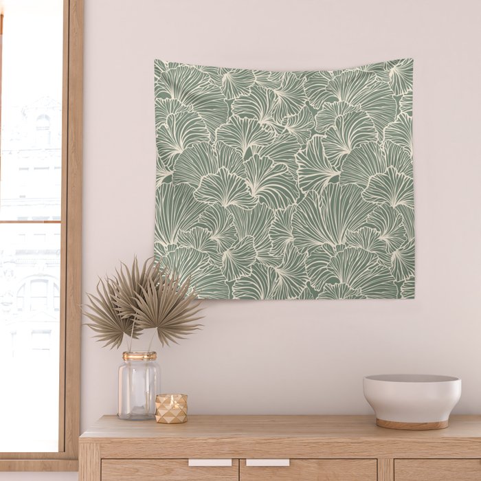 Decorative Nature Pattern, Sage Green and Ivory, Floral Prints Wall Tapestry Gallery Image 2