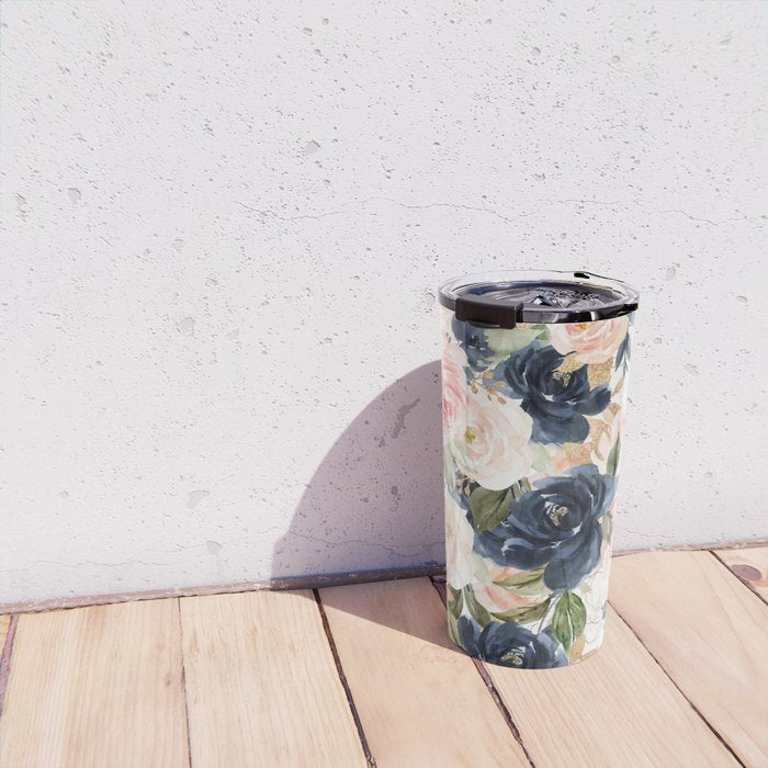 Navy Pink Watercolor Floral Pattern Nursery Flowers Travel Mug Gallery Image 4