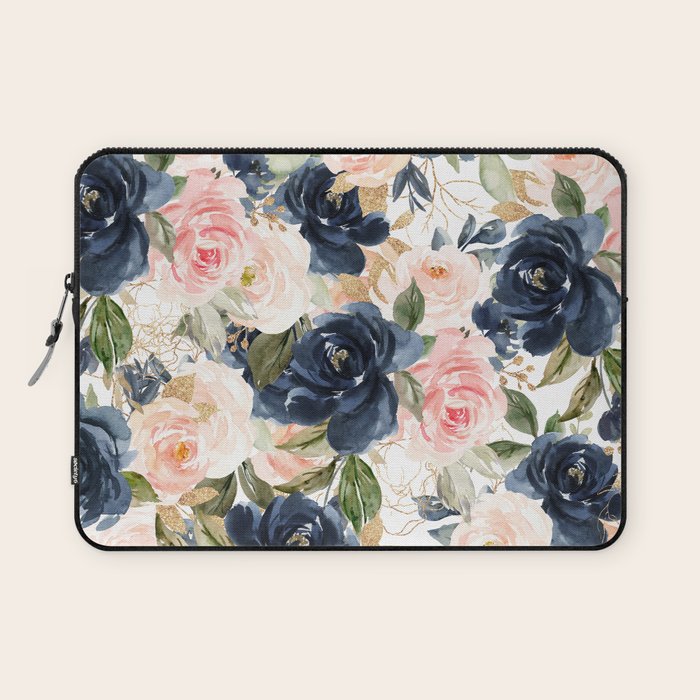 Navy Pink Watercolor Floral Pattern Nursery Flowers Laptop Sleeve Gallery Image 1