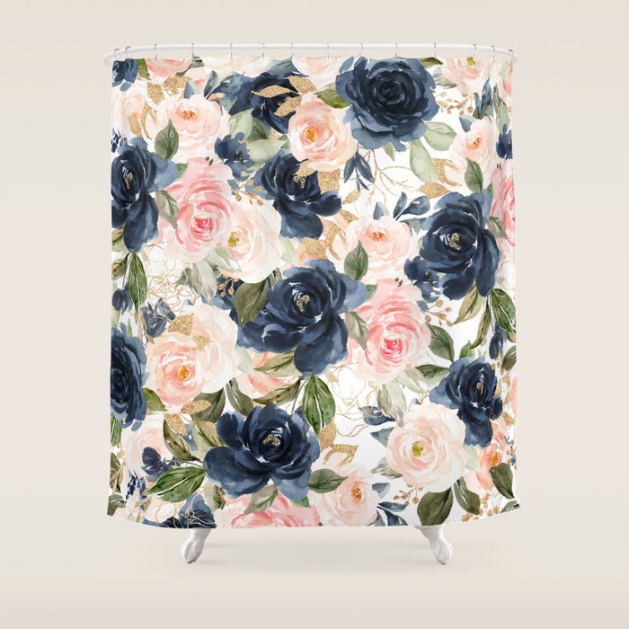 Navy Pink Watercolor Floral Pattern Nursery Flowers Shower Curtain Gallery Image 1