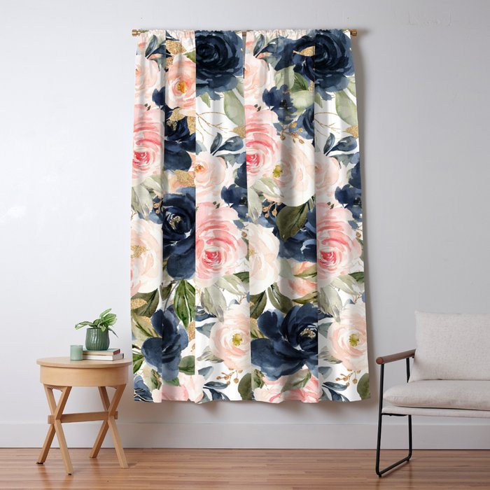 Navy Pink Watercolor Floral Pattern Nursery Flowers Window Curtain Gallery Image 1