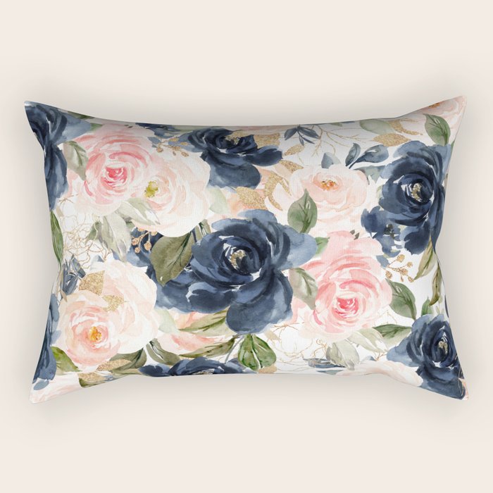 Navy Pink Watercolor Floral Pattern Nursery Flowers Rectangular Pillow Gallery Image 2