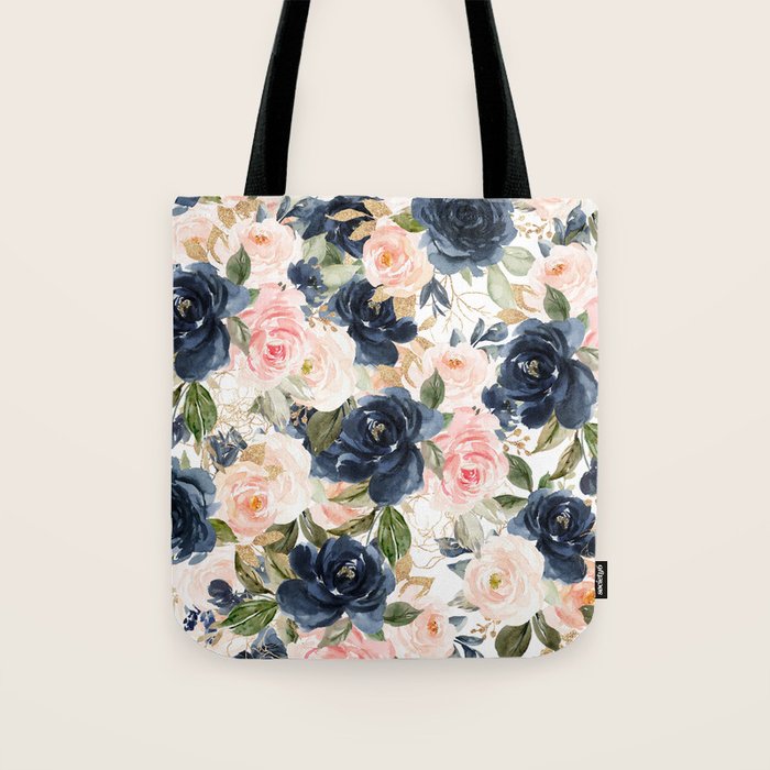 Navy Pink Watercolor Floral Pattern Nursery Flowers Tote Bag Gallery Image 1