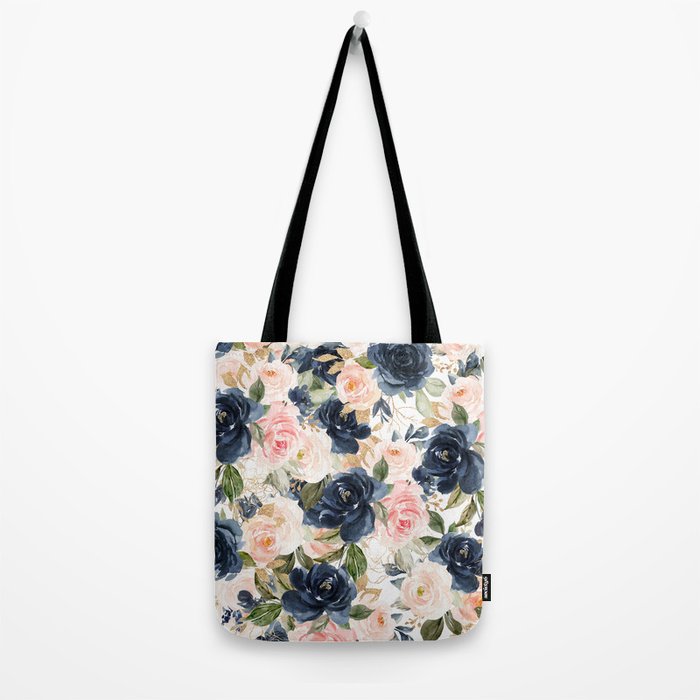Navy Pink Watercolor Floral Pattern Nursery Flowers Tote Bag Gallery Image 2