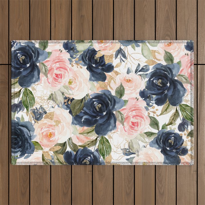 Navy Pink Watercolor Floral Pattern Nursery Flowers Outdoor Rug Gallery Image 1