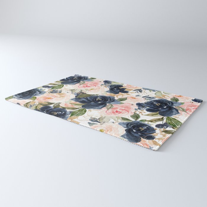 Navy Pink Watercolor Floral Pattern Nursery Flowers Rug Gallery Image 3