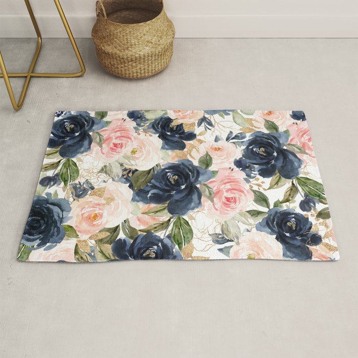 Navy Pink Watercolor Floral Pattern Nursery Flowers Rug Gallery Image 1